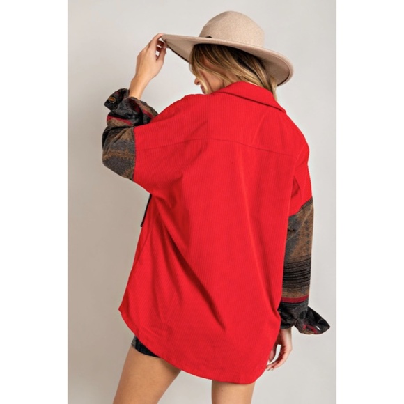 Red Corduroy Aztec Tribal Western Printed Shacket Shirt Jacket - Picture 6 of 7